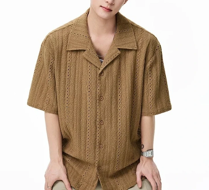 Old Money Style Cuban Collar Hollow Shirt Men's Summer High Street Design Sense Short Sleeve Shirt Vintage Loose T-Shirt