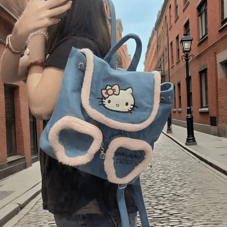 

Милый мультяшный персонаж Hello Kitty, джинсовый рюкзак Love Rosy, бутик, универсальный повседневный рюкзак большой вместимости, праздничный подарок