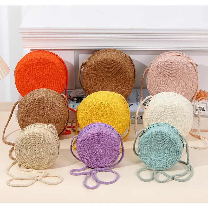 Round Cake Woven Straw Bag for Children Baby Travel Crossbody Bag for Girls New Western-style Small Bag Cute