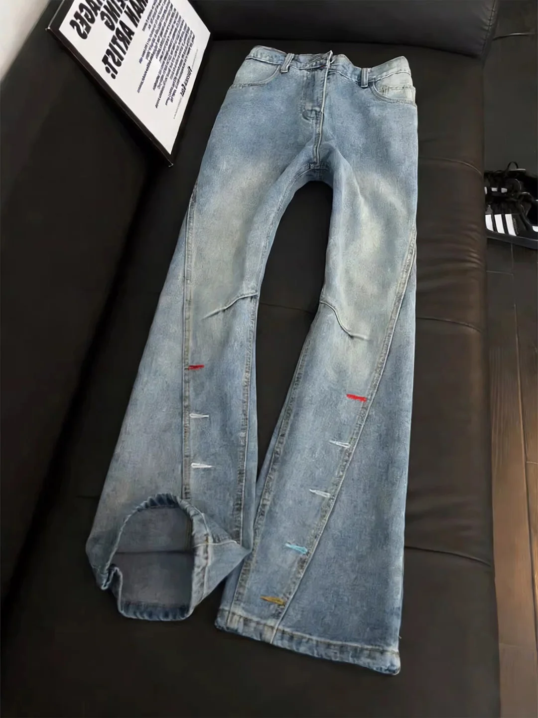 

Blue Embroidered Slant Cut Jeans Men's Spring Autumn High Street Vibe Slim Straight Micro Flared Pants Cleanfit Sle