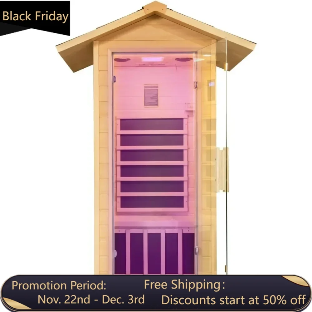 1 Person Outdoor Far Infrared Sauna，Canadian Hemlock Wood Home Indoor Sauna 1400W Dry Sauna Personal Room with Speakers, LED