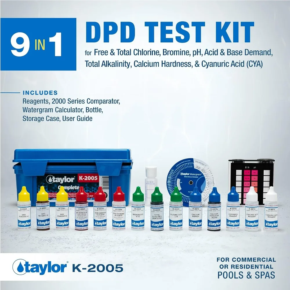 Taylor K2005 High Range Swimming Pool Total and Free Chlorine Bromine Alkalinity Calcium Hardness Base and Acid Demand pH DP