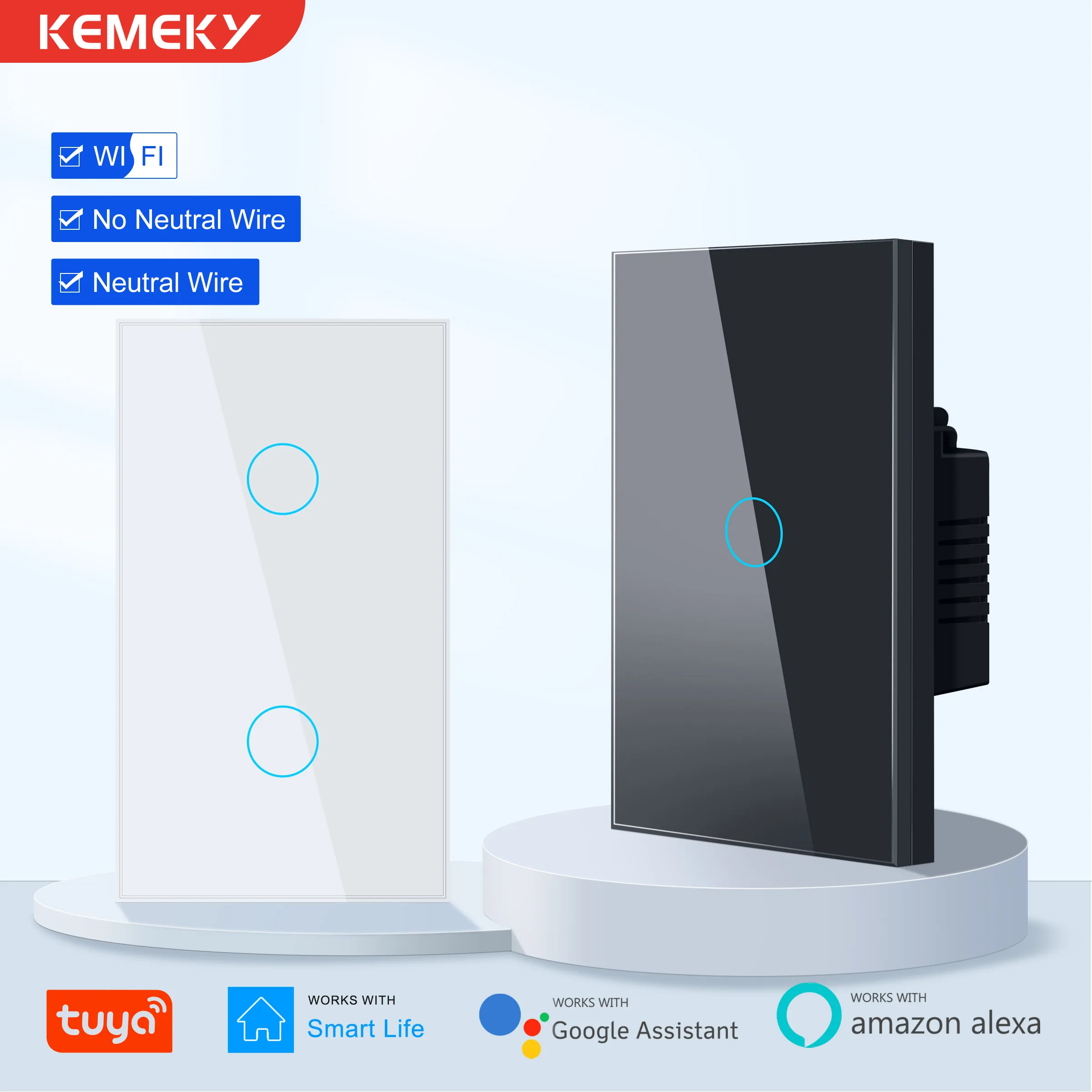 KEMEK-Interruptor táctil Wifi inteligente, No requiere cable neutro, interruptor de luz de 1/2/3 entradas para hogar inteligente, 100-240V, funciona con Alexa, Hey Google