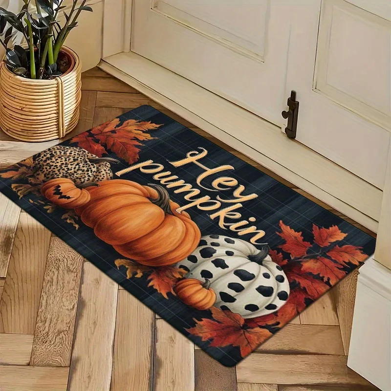 

1pc "Hey Pumpkin" Autumn-Themed Flannel Mat Thick, Sponge Rectangular Mat, Machine Washable, Non-Slip, Comfor