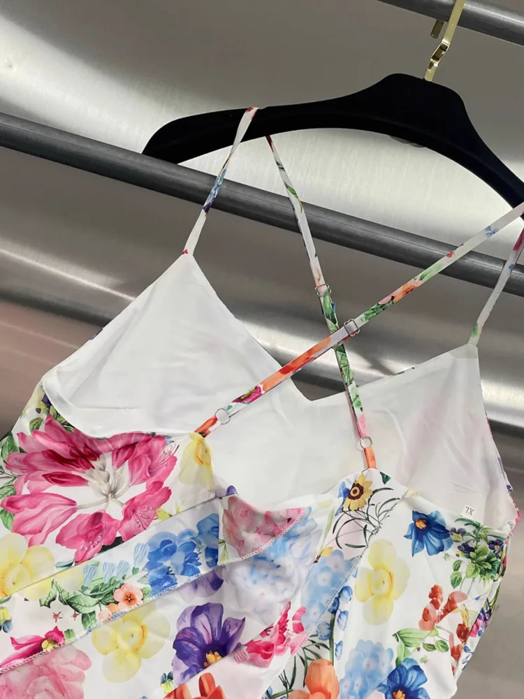 DFDG Women’s 2025 Simple Boho Vacation Dress Unique Print Spaghetti Strap Ruffle Maxi Dress Casual Spring Summer Beach Dress