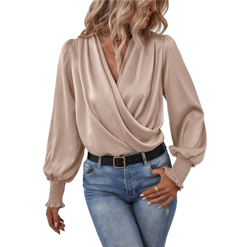 

ASDS-Women's Elegant V-Neck With Lantern Sleeves Temperament Commuting Solid Color Shirt Top
