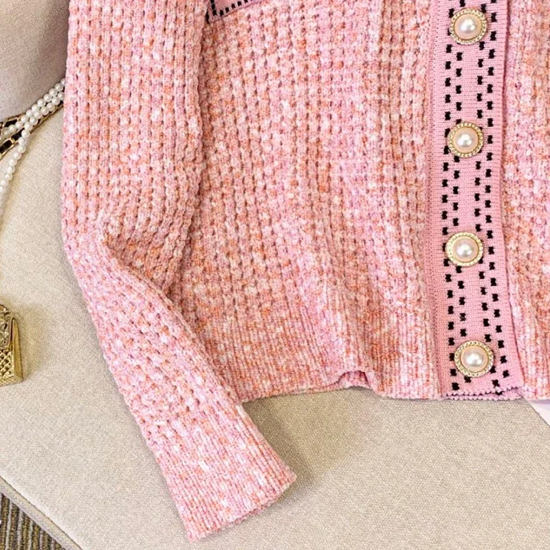 Women Fall Sweet Pearl Button V-Neck Cardigan Long Sleeve Causal Patchwork Sweaters Coat Winter Pocket Warm Overcoat Knit Jacket