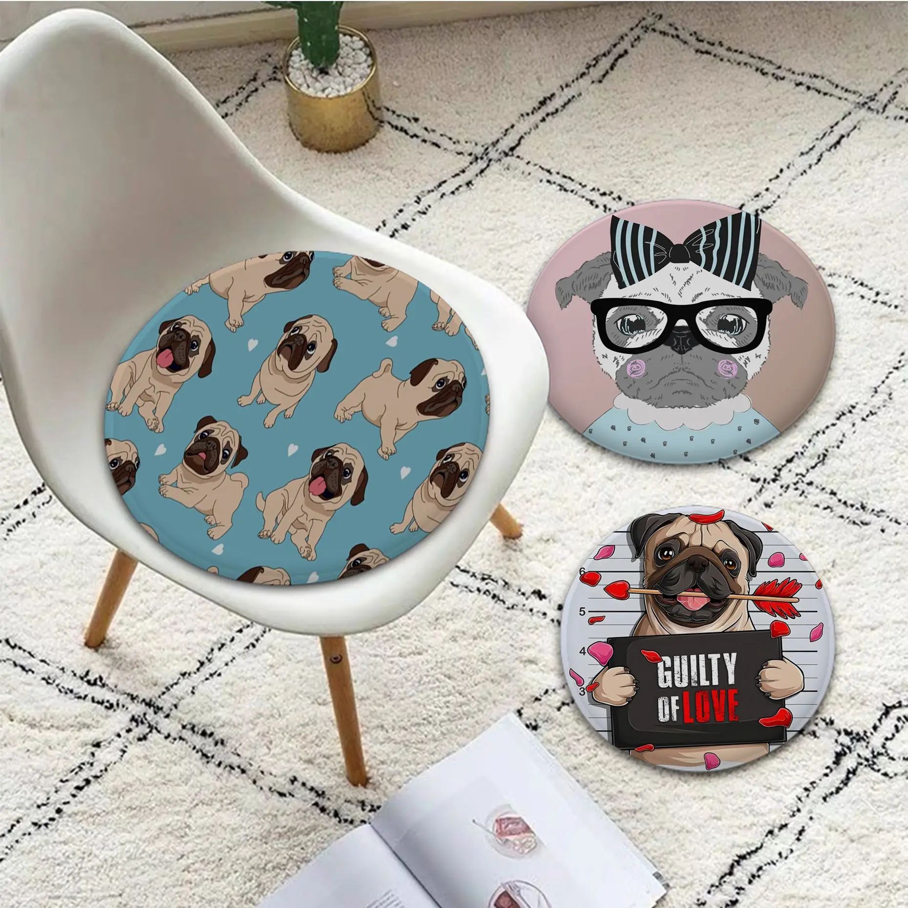 

Pug Dog Cushion Mat Tie Rope Chair Cushion Soft Office Car Seat Comfort Breathable 45x45cm Cushion Pads