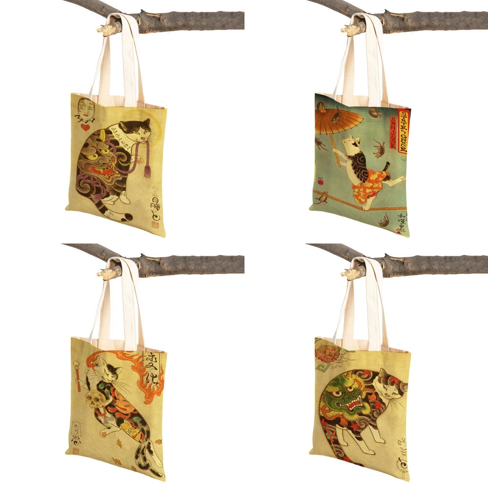 Vintage japonês samurai gato tatuagem viagem tote bolsa retro animal reutilizável ambos os lados casual lona bolsa de compras