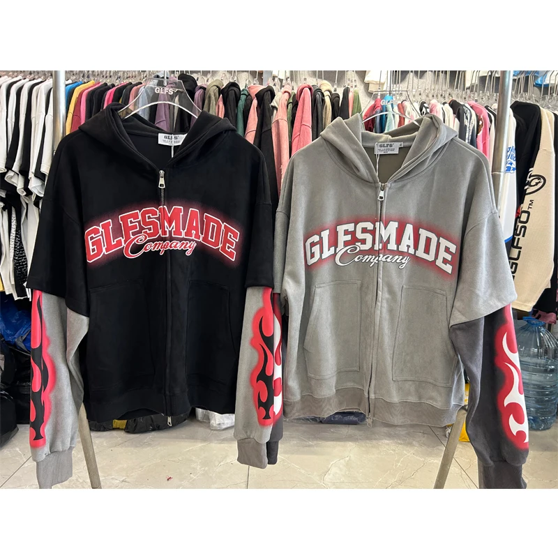 

Fake Two Pieces Flame Print Sleeve Hoodie Zipper Splice Color Hooded Jacket Men Women Winter High Street Casual Pullovers Tops