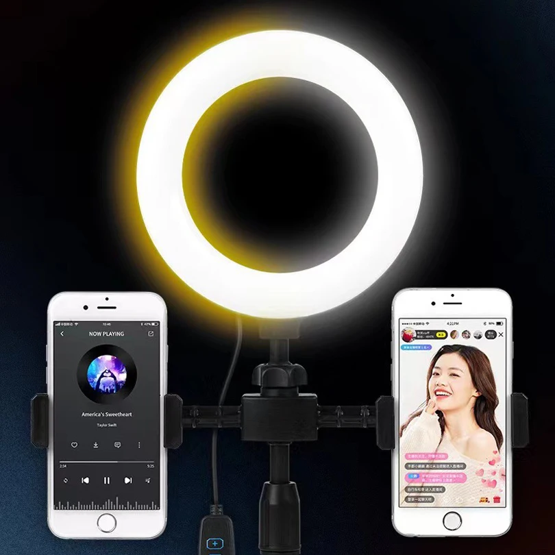 Anneau lumineux LED à intensité variable pour selfie, lampes rondes, USB avec 2 supports de téléphone, trépied, lumière vidéo Tiktok, ensemble de