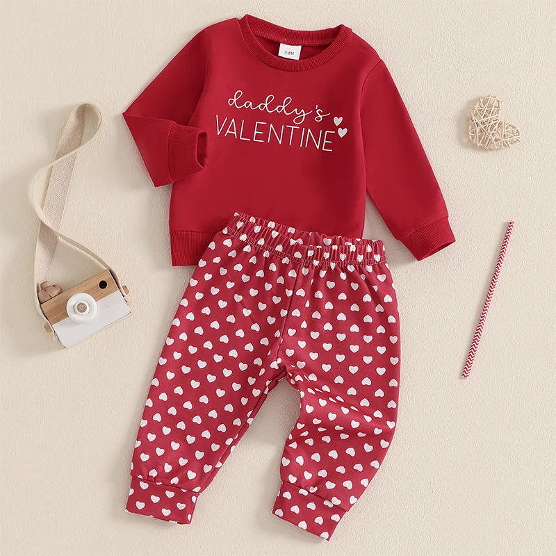 Toddler Baby Girl Boy Valentine's Day Outfits Letter Print Long Sleeve Sweatshirt with Heart Pattern Long Pants Spring Fall Sets