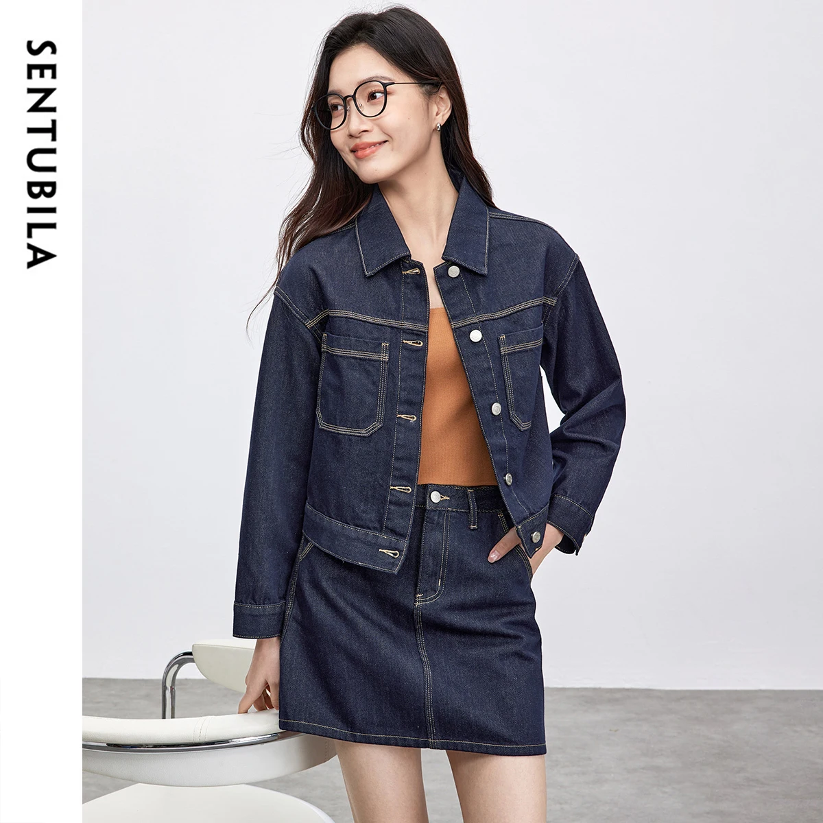 SENTUBILA Set Denim 2 Potong Pakaian Wanita Musim Gugur 2025 Jaket Denim Campuran Katun & Rok Mini A-Line Set Wanita untuk Kerja W51Z80135