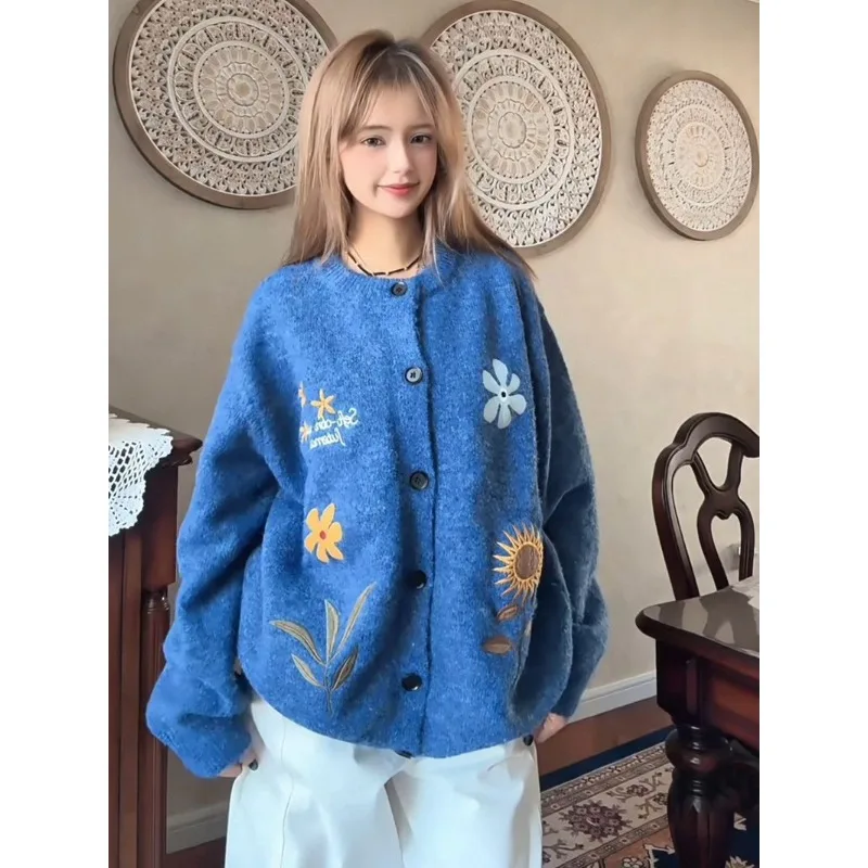Women Retro Floral Embroidery Knit Cardigan Autumn Winter Lazy Loose Color Contrast Sweater Coat
