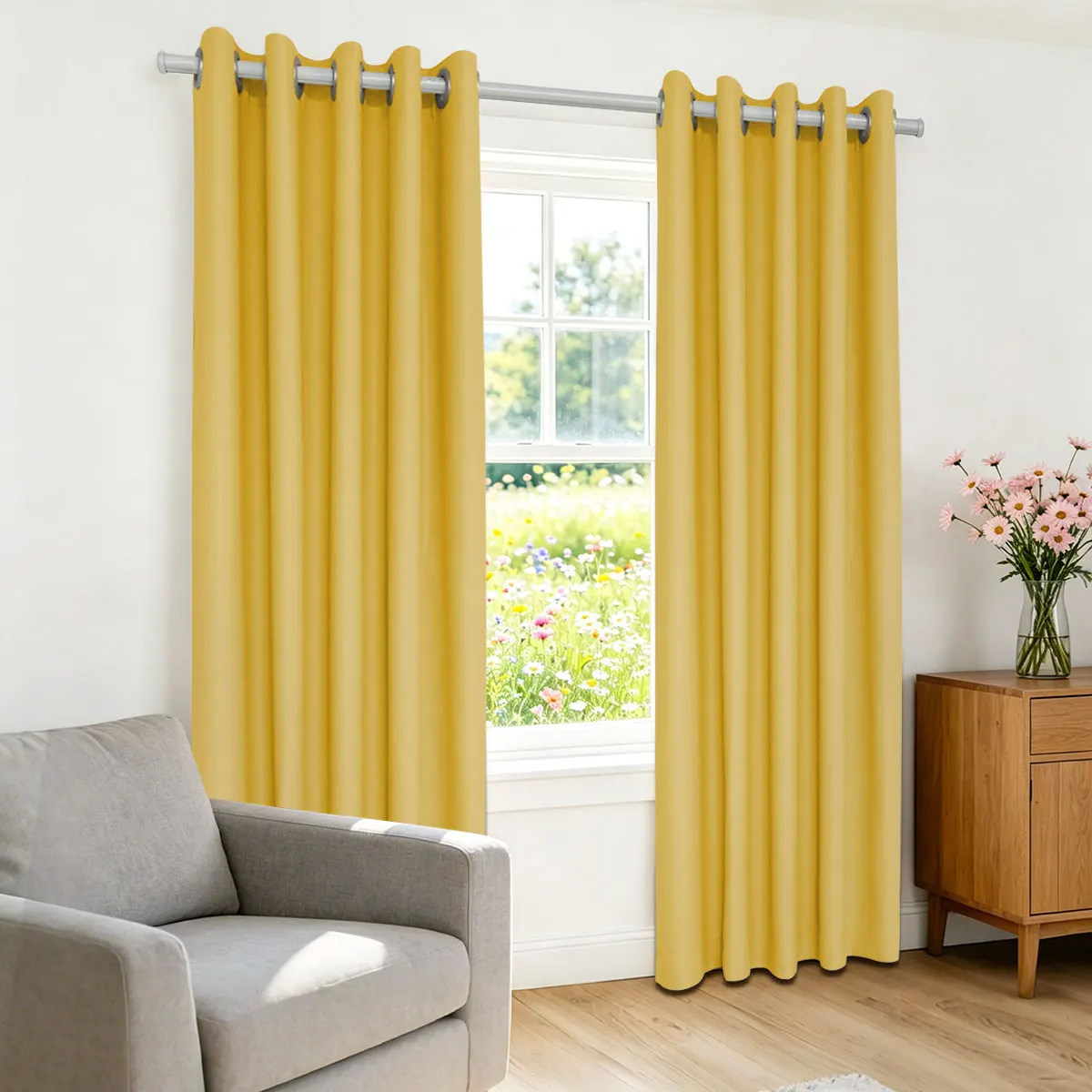 2 Panels Grommet Top Solid Mustard Yellow Blackout Curtains, High Density Thermal Insulated Noise Blocking Window Drapes for Bedroom Living Room Home Decoration