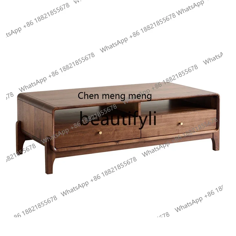 

Black walnut coffee table household rectangular all solid wood low table with drawers