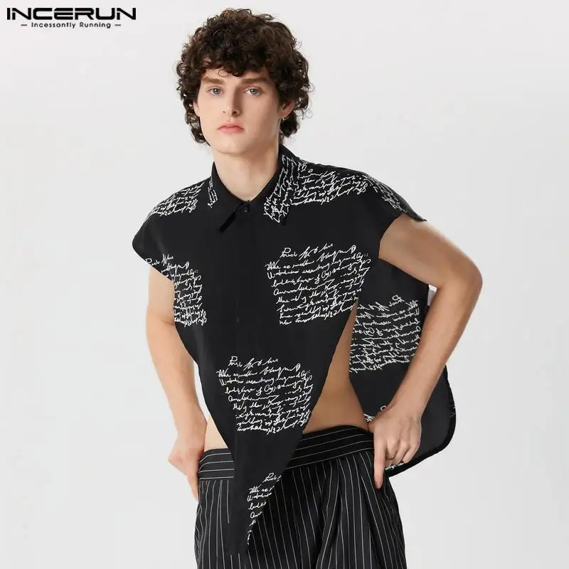 

INCERUN Tops 2024 American Style Fashion New Men's English Printed Shirt Male Sexy Hollow Clubwear Sleeveless Lapel Blouse S-5XL