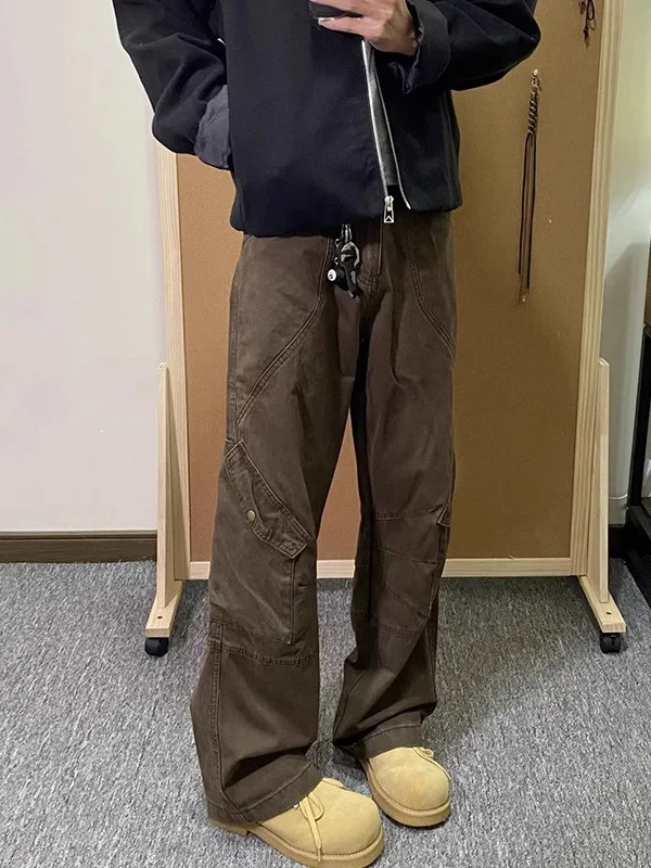 American Retro Patchwork Folded Multi-Pocket Workwear Jeans Men's Trendy Straight Loose Casual Wide Leg Pants Cotton Youth Po...