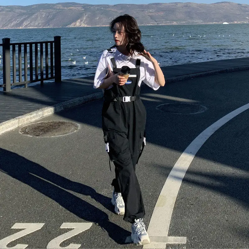 Macacões de carga feminino gótico vintage bolsos cinto streetwear kawaii verão destacável calças largas moda bf coreano preppy