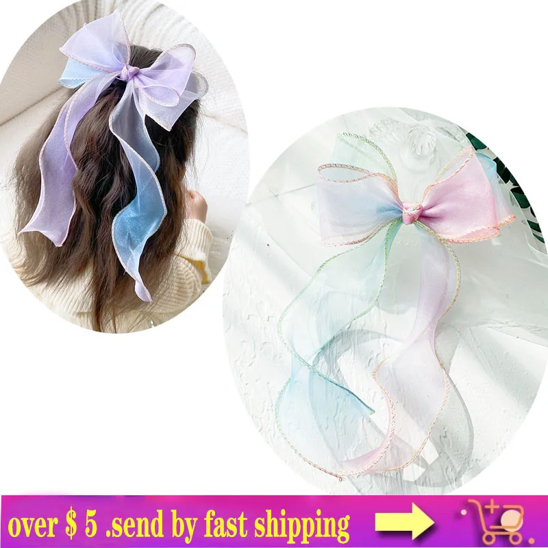 1/6pcs Long Organza Bow Hairpins Hair Accessories Sweet Net Yarn Oversized Hair Clip Summer For Children Girls Headdress