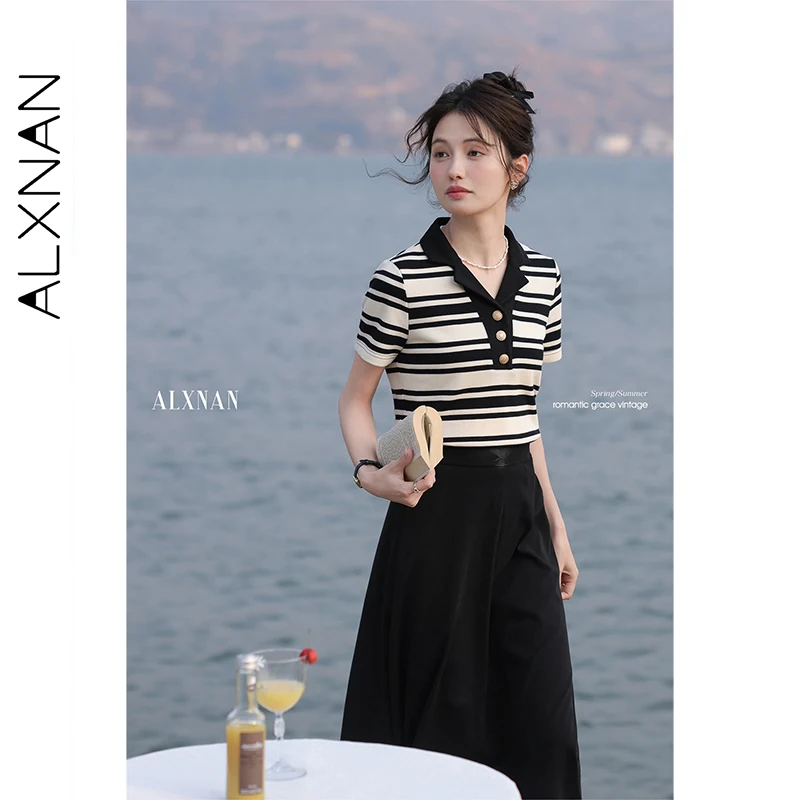 ALXNAN Dames Gestreept T-shirt Polo Kraag Korte mouw Gebreid T-shirt 2025, Zomer Elegant Casual Loose-fit Tops Dames L55333