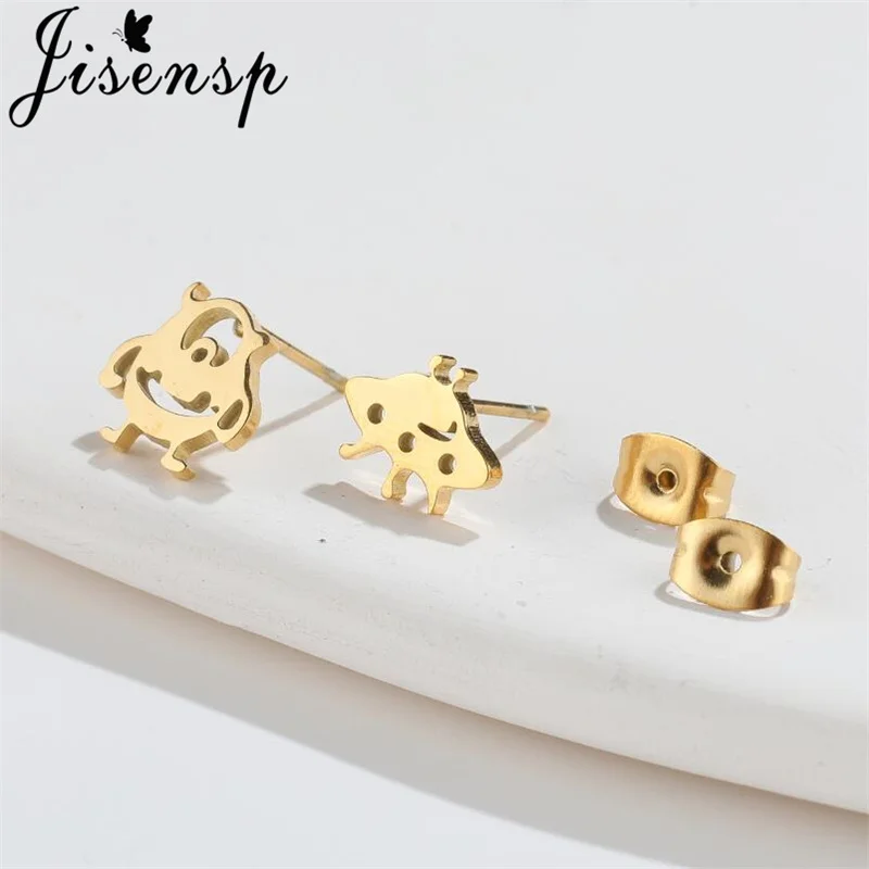 Shuangshuo Funny Cartoon UFO Alien Shape Earrings for Women Asymmetry Stainless Steel Stud Earring Everyday Jewelry Gift