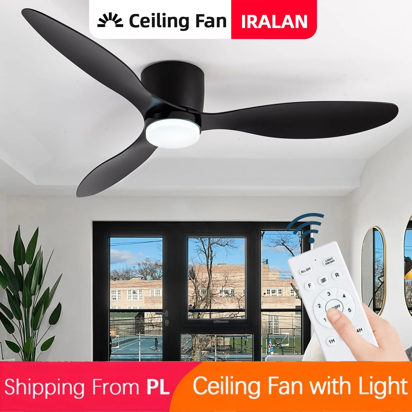 Ventilateur de plafond IRALAN avec lumière, moteur DC silencieux et économe en énergie, 3 couleurs modifiables, 6 vitesses réglables, pour chambre et salon