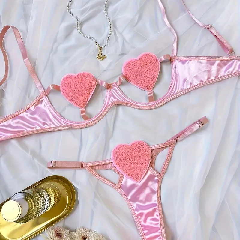 トルノバ新作無地ラブキュートレースアップストラップおもしろ3点下着ホローアウト露出ネイブニットセクシーセット