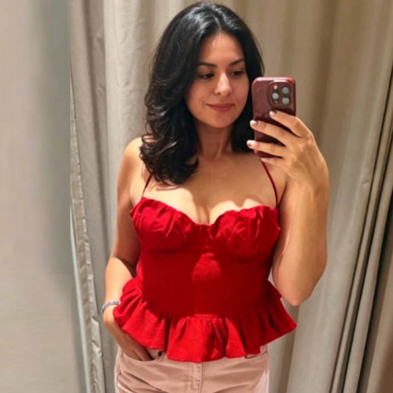 HXAO Halter Crop Top Damen Sommer 2026 Sexy Rotes Gerüschtes Camisole Bustier Ärmelloses Rückenfreies Top mit Trägern Streetwear Cami Top – Detail 13