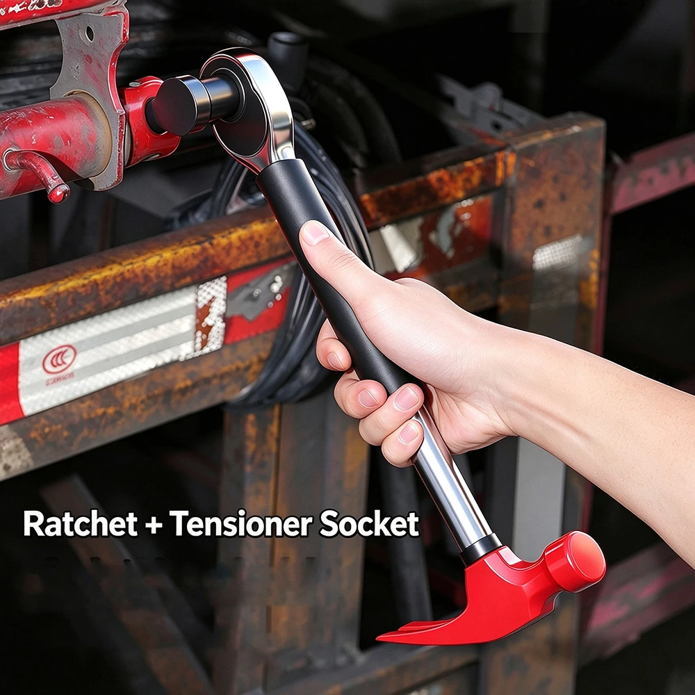 Multifunctional Claw Hammer With Built In Ratchet Wrench Heavy Duty Steel Nail Puller For Auto Repair Truck Cargo Strapping Tool