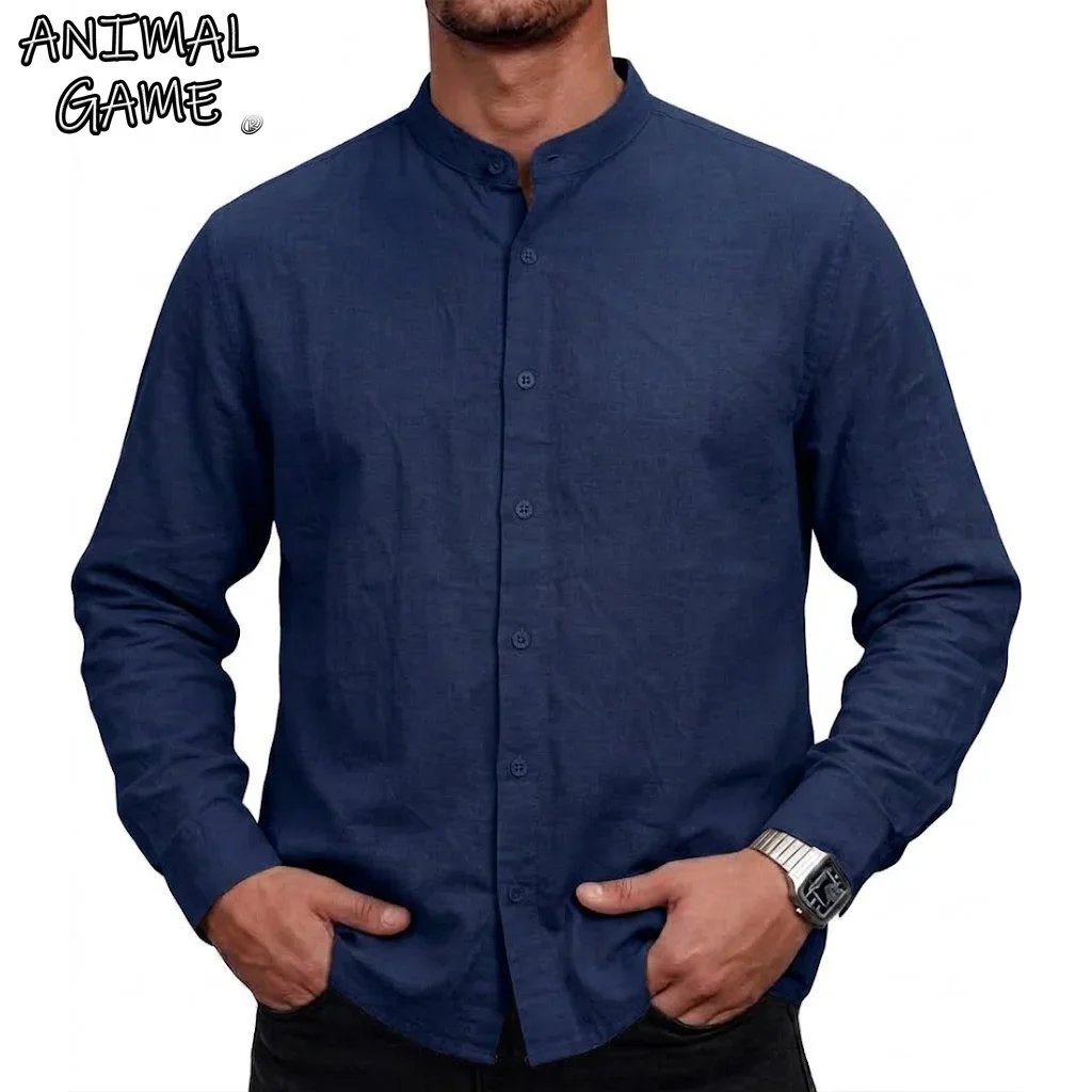 Men's Casual Stand Collar Shirts Long Sleeve Button Down Tops Lightweight Breathable Plain Vacation Beachwear Dress Work Clothes