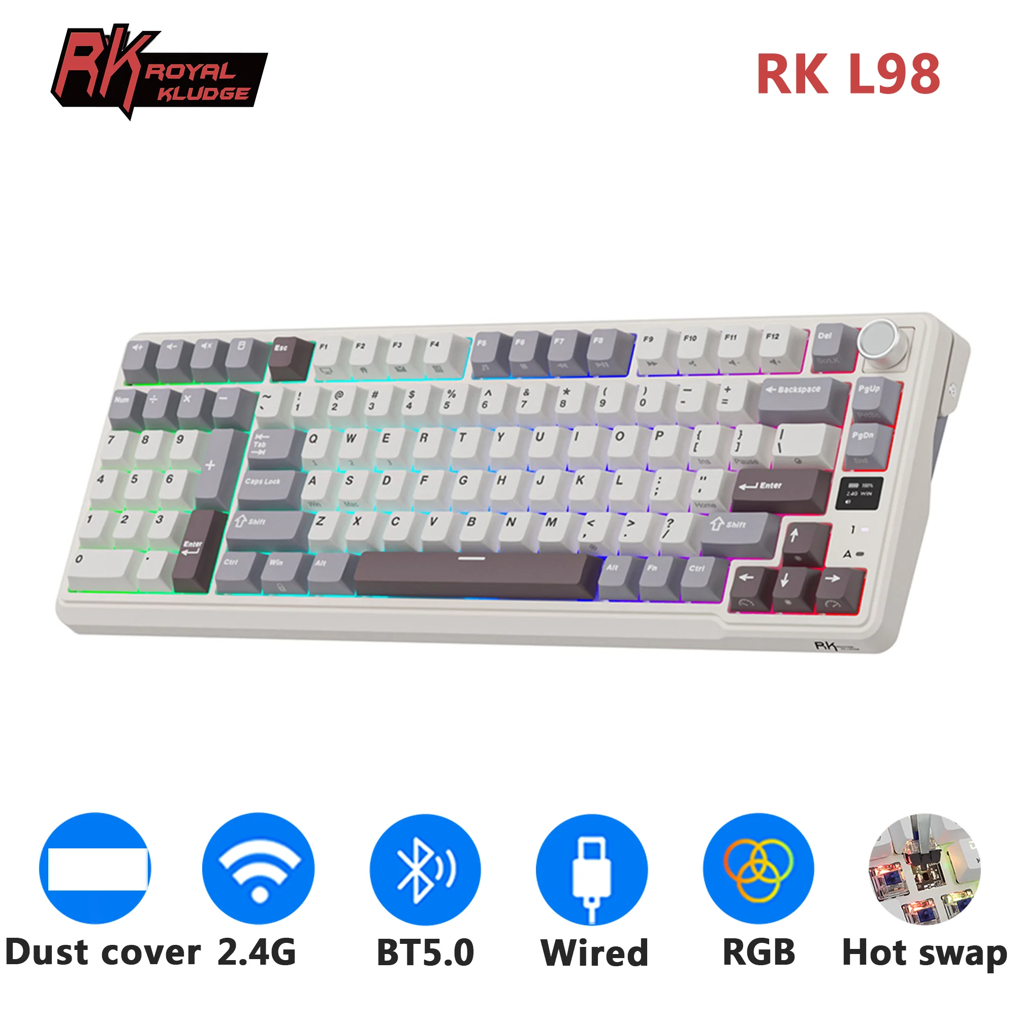 

RK ROYAL KLUDGE L98 Left-Handed Mechanical Keyboard Gasket Wireless 95% Tri-Mode BT/2.4G/USB-C RGB Gaming Keyboard Hot Swappable