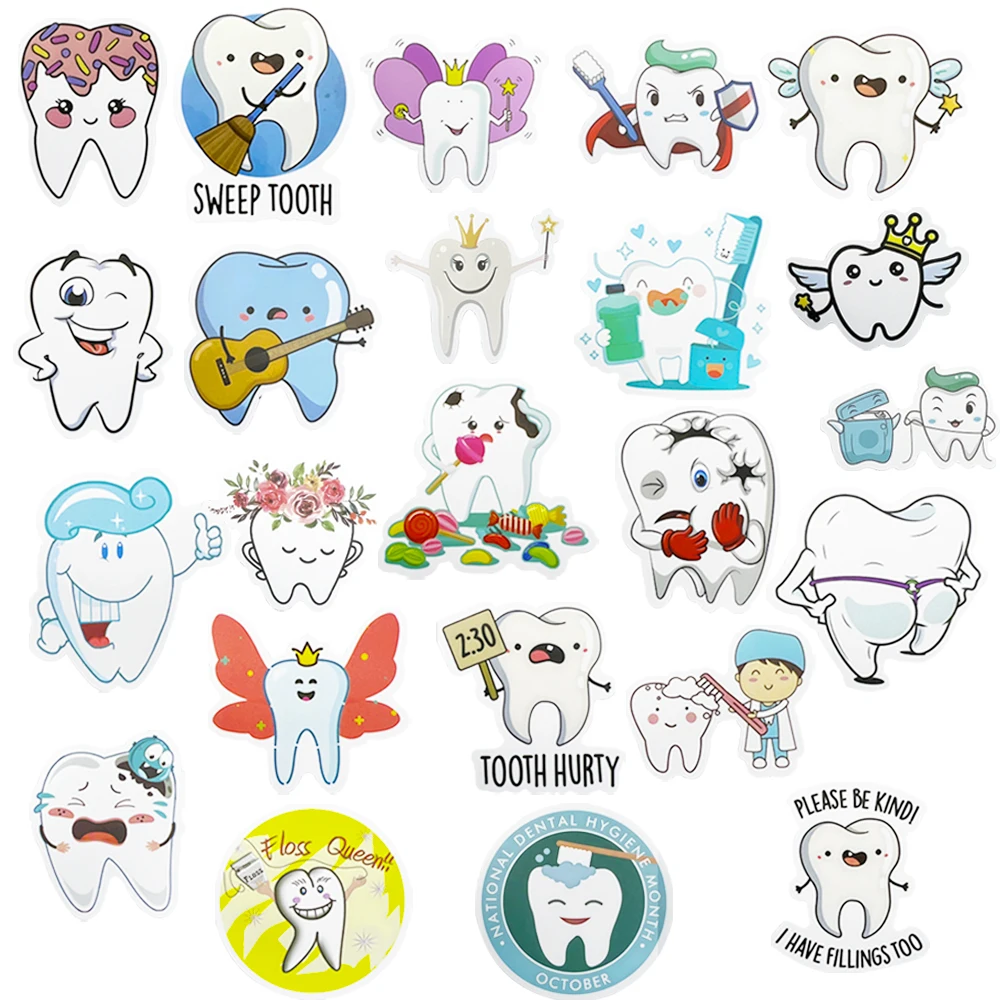 50pcs/Lot Cartoon Dental Stickers For Kids Kawaii Tooth Shaped Sticker Children Decals Accessories Gifts Dentistry Decoration