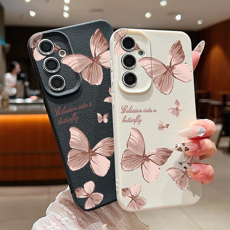 حافظة لهاتف سامسونج جالاكسي S25 S24 S23 Ultra S24 S25 FE S22 S21 Plus غطاء خلفي بنمط الفراشة الوردية