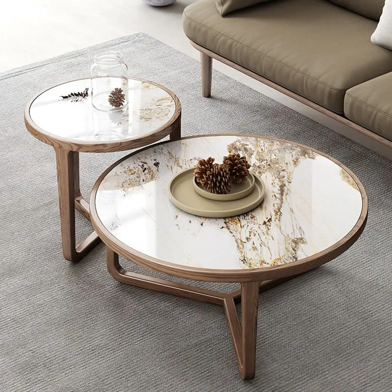 

Extremely simple rock slab size circular coffee table combination solid wood new Chinese style marble