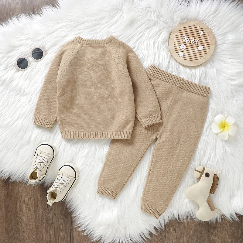 Autumn Baby Clothes Sets Knit Newborn Girl Boy Sweater +Pants Fashion Solid Infant Kid Long Sleeve Pullover +Trousers 0-18M Warm