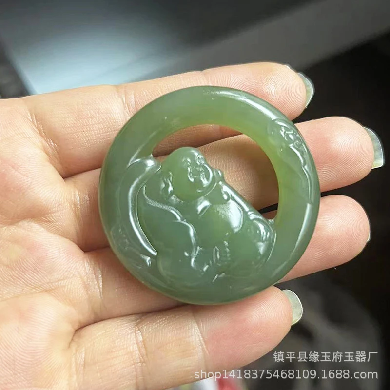 Hetian Lake Green , Maitreya Laughing , Jade Buddha Gemstone Pendant, Round Ring