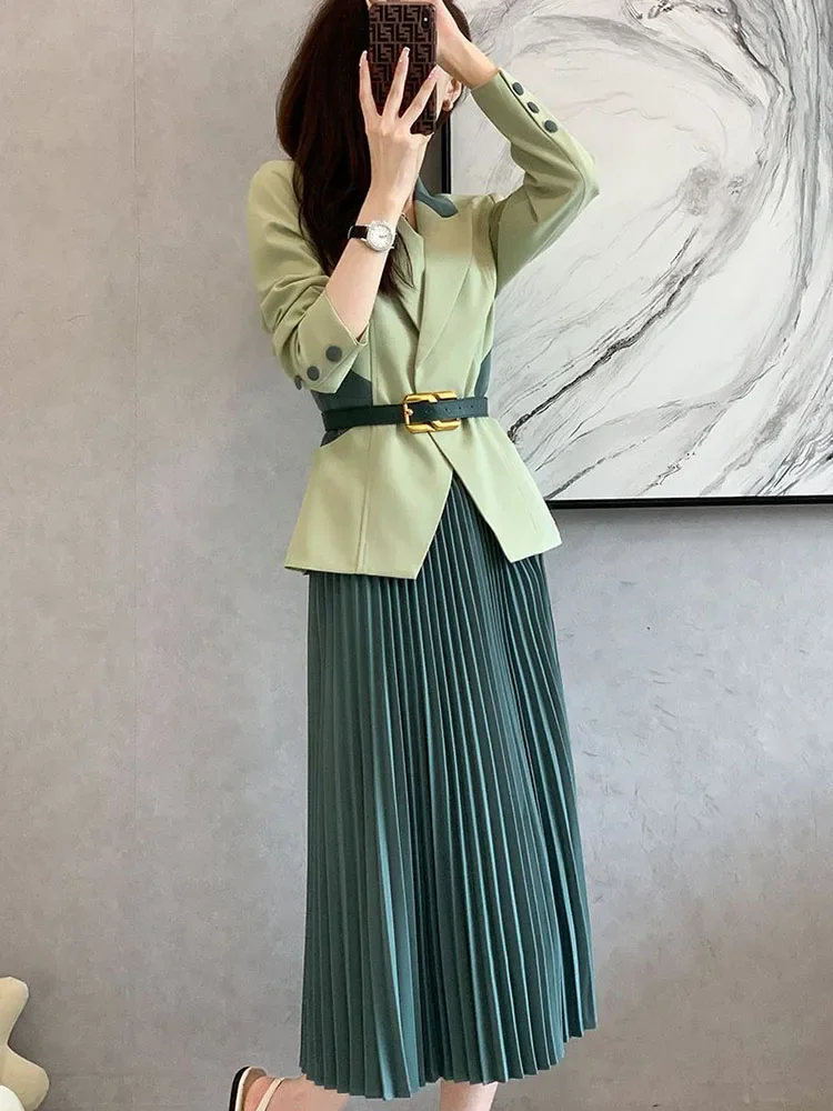Coreano escritório manga longa blazer casacos topos conjuntos primavera outono ol cintura alta saia plissada roupa feminina formal 2 peças conjuntos