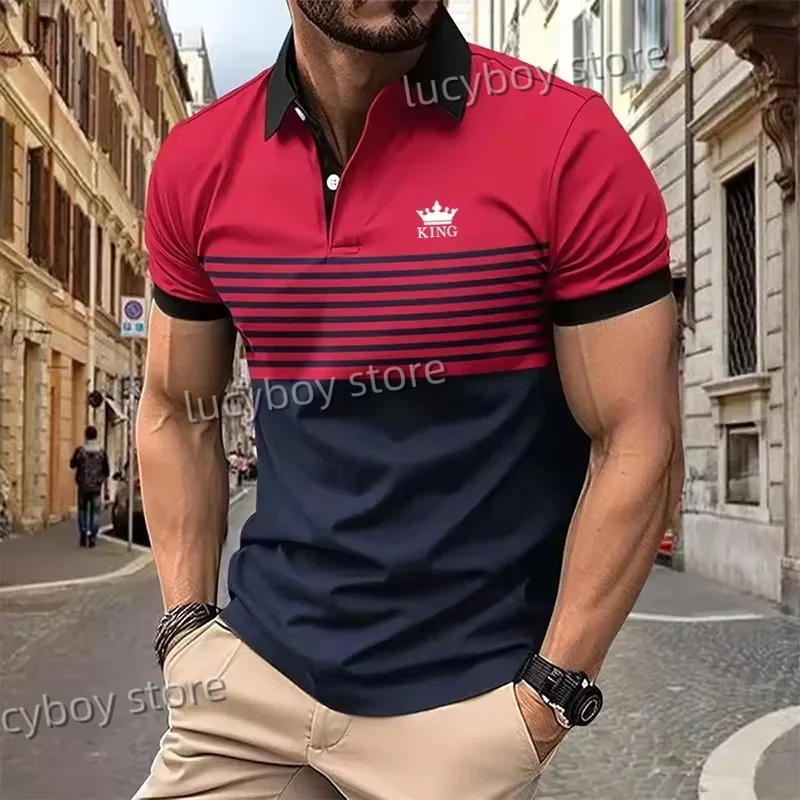 

Mens Stripe King Print Golf Polo Shirt Mens Bussiness Breathable Button Short Sleeve Polo Shirt Male Officepolo Men Clothing