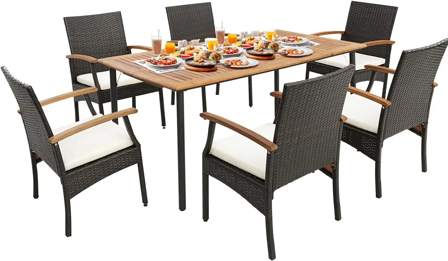 

Outdoor Dining Set with Wood Table,Wicker Rattan Armrest Chairs, Detachable Cushions, All-Weather Conversation Furniture