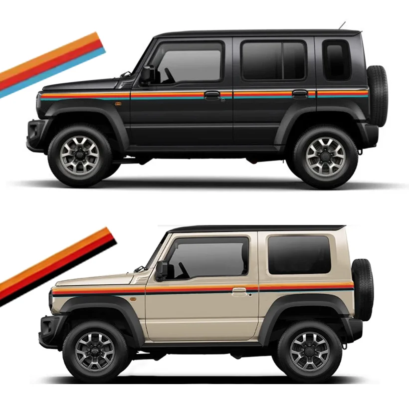 

Пара модифицированных трехцветных наклеек на поясную линию кузова, ретро-полосы, виниловые графические наклейки для Suzuki Jimny XL JC74 JB74W 2018-2025