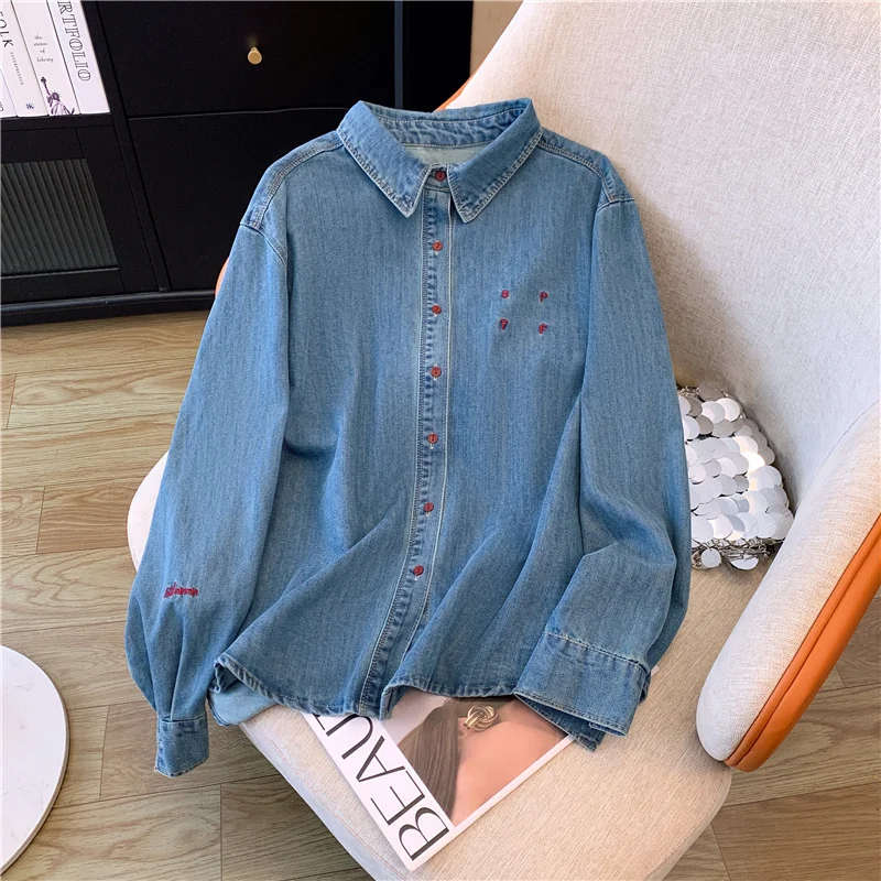 2024 Spring New Blue Embroidery Denim Shirt Women Korean Version New Vintage Versatile Single Breasted Casual Loose Blouse Tops