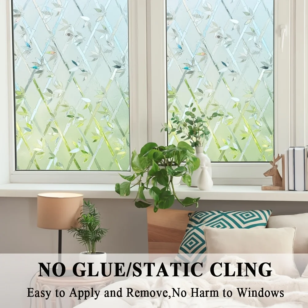 Bamboo Leaf Stained Glass Privacy Window Film UV Protection Heat Control Static Cling Removable Non Adhesive for Home Office