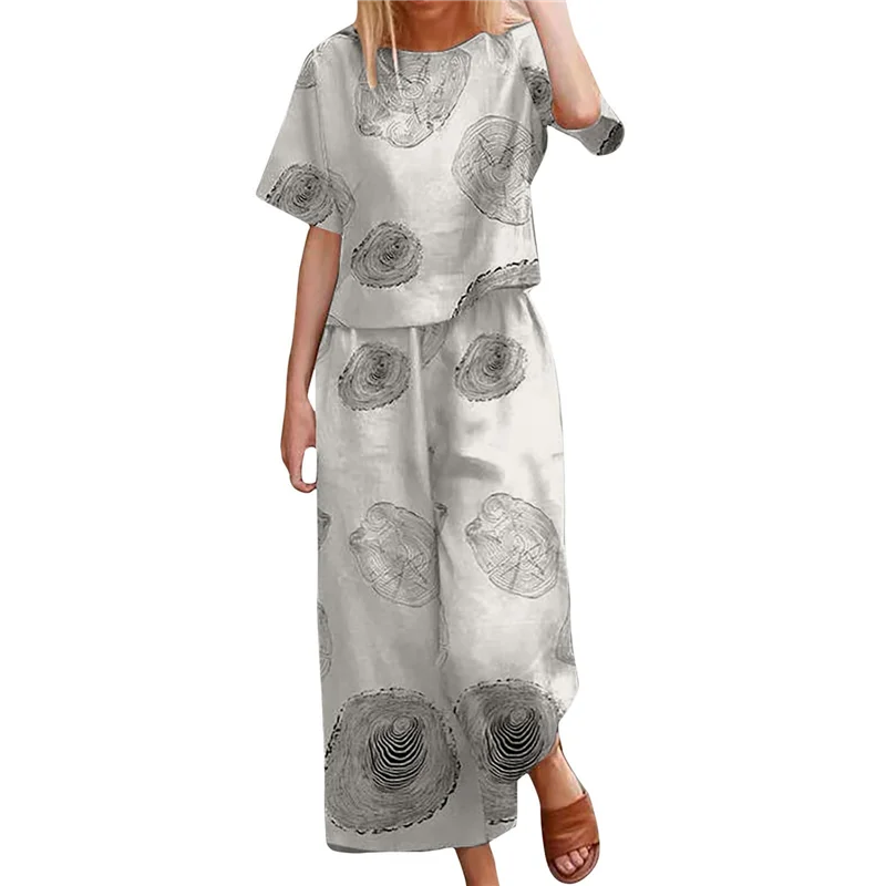 

Women's 2 Piece Linen Short Sleeve Set Crewneck Tops Wide Leg Pants Set Plus Size Summer Outfit White Rings 4XL