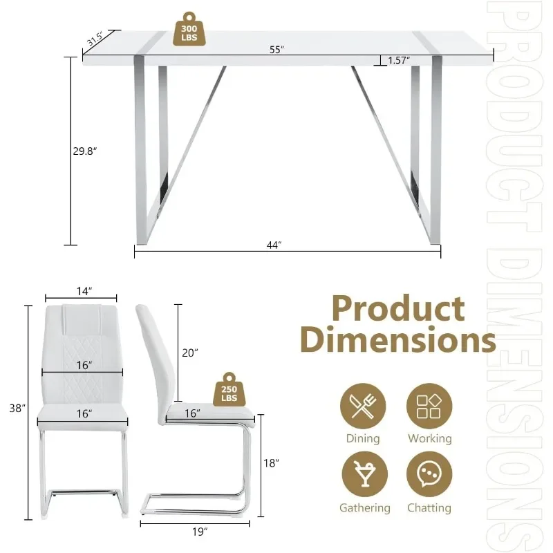 55‘’ Modern  Table Set for 6, Rectangle Dining Room Table with 6 White Upholstered Dining Chairs for Kitchen