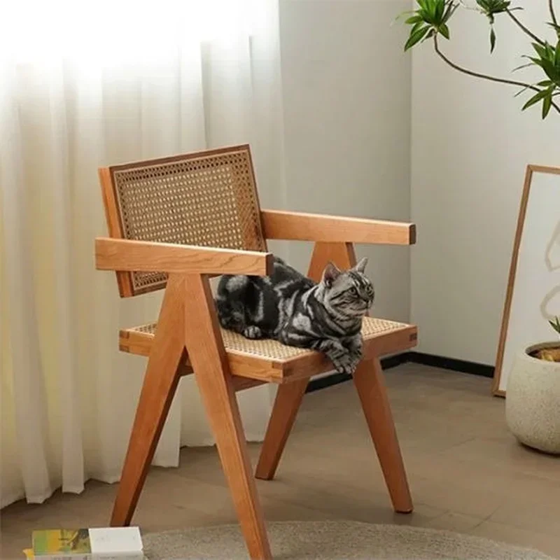 Nordic ins solid wood real rattan dining chair Medieval designer Chandigarh retro armrest leisure