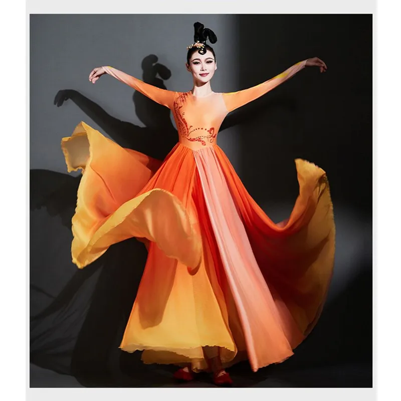 Long Orange Chinese Modern Dance Dress For Women Classic Opening Dance Performance Clothing