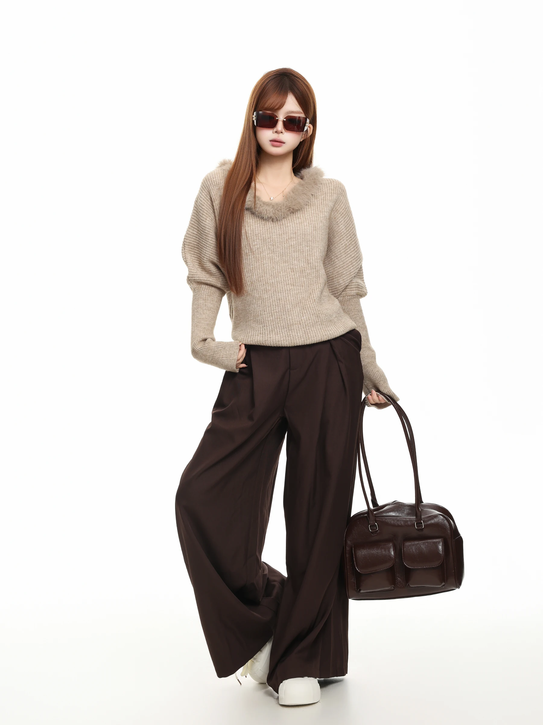 BASTERDS Korean Style Batwing Sleeve Knitted Sweater Women's Slim Fit Autumn Winter Warm round Neck Pullover Fashionable Spli...