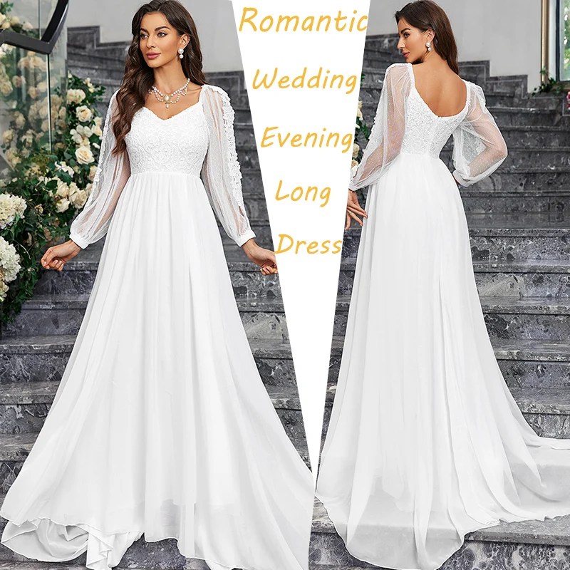 

Elegant Evening Dresses Long A LINE Full Sleeve V-Neck Chiffon Floor-Length Gown 2024 Ever Pretty of White Prom Women Dress L132