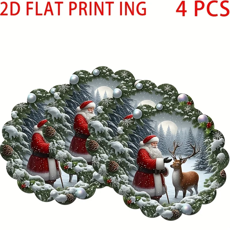 

4pcs Christmas Santa Claus & Reindeer Placemats Set - 2D Flat Print, Hand Wash Only, Festive Holiday Design with Snowflakes